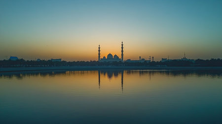 Panoramic view of Sheikh Zayed Mosque at dusk, open copy spaceの素材