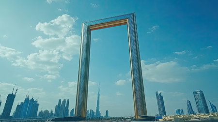 Iconic Dubai Framearchitecture with blue sky, blank area for textの素材