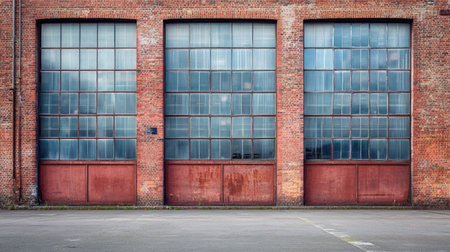 Modern industrial building with exposed brick and large windows, sky spaceの素材