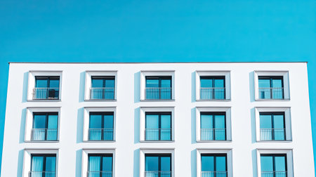 Minimalist white building facade with narrow windows, blue sky copy space aboveの素材