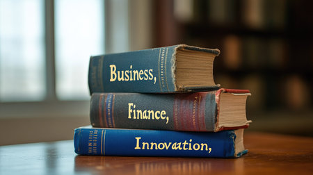 Stack of books labeled "Business," "Finance," and "Innovation," symbolizing entrepreneurial knowledge, space for textの素材