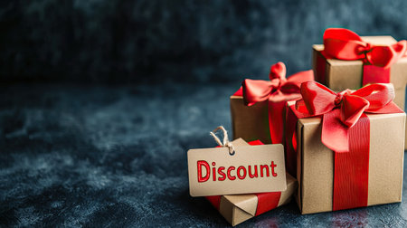 Product boxes with red ribbons and "Discount" tags, dark backdrop, room for textの素材