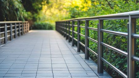 Raised handrail along a walkway, symbolizing accessible support, clean background, copy spaceの素材