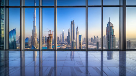 Reflective glass windows of UAE skyscrapers, spacious area for textの素材