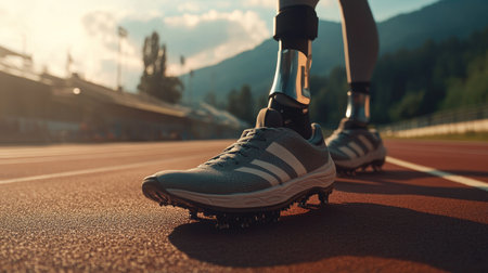 Prosthetic limb beside athletic sneakers on a track, promoting strength and inclusion, text areaの素材