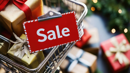 Shopping cart filled with wrapped gifts, bold "Sale" tag, clean background, room for textの素材