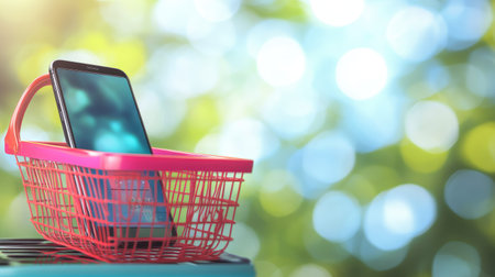 Shopping basket and smartphone showing discount codes, modern background, space for textの素材