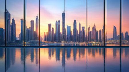 Reflective glass windows of UAE skyscrapers, spacious area for textの素材