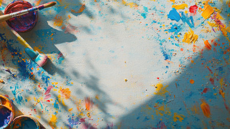 Small canvas with brush and vibrant paints scattered around, blank area for Children Day greetingsの素材