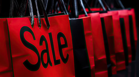 Row of red and black "Sale" gift bags, simple background, plenty of space for copyの素材