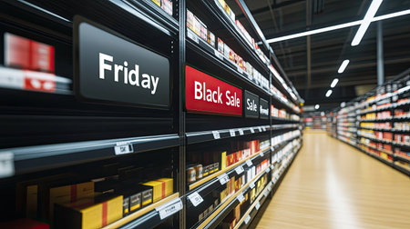 Store shelves with bold "Black Friday Sale" signs, clean dark background, room for copyの素材