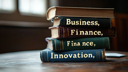 Stack of books labeled "Business," "Finance," and "Innovation," symbolizing entrepreneurial knowledge, space for textの素材