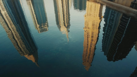 Reflection of skyscrapers on Dubai Canal, room for text on sideの素材