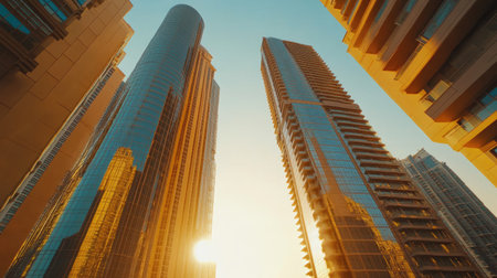Towers in Dubai Marina during golden hour, spacious copy spaceの素材
