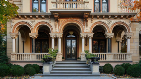 Symmetrical Renaissance-style facade with arched windows and detailed columnsの素材