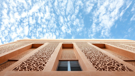 Traditional Arabic geometric patterns on building facade, spacious sky viewの素材
