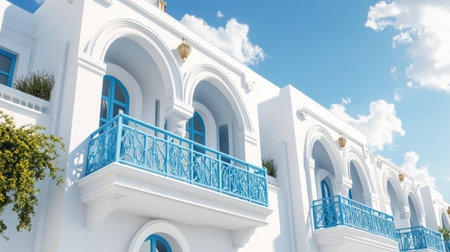 Traditional Greek white facade with blue accents, open sky backgroundの素材