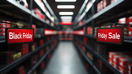 Store shelves with bold "Black Friday Sale" signs, clean dark background, room for copyの素材