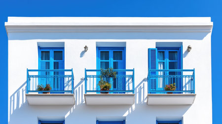 Traditional Greek white facade with blue accents, open sky backgroundの素材