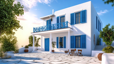 Traditional Greek white facade with blue accents, open sky backgroundの素材
