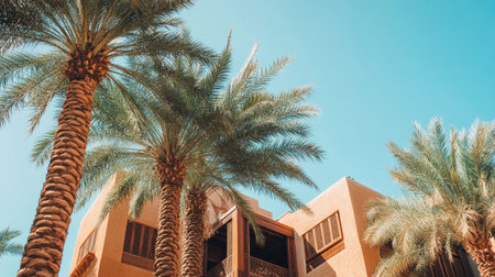 View of modern Emirati architecture with palm trees, copy spaceの素材