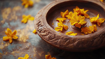 Close-up of a decorated clay diya with marigold flowers, ample space for festive greetingsの素材