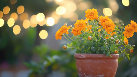 Bokeh lights and a clay lamp with marigolds, spacious area for a joyful messageの素材