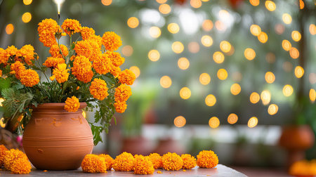 Bokeh lights and a clay lamp with marigolds, spacious area for a joyful messageの素材