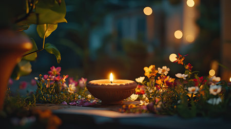 A clay diya placed on a flower bed, surrounded by warm lights, blank space on topの素材