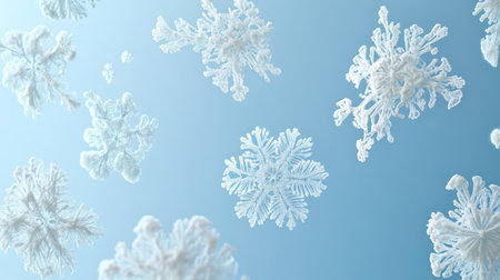 Array of snowflakes with frosty details, soft blue background for copyの素材