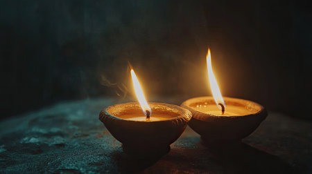 Close-up of traditional clay oil lamps (diyas) glowing against a dark background, ample space for textの素材