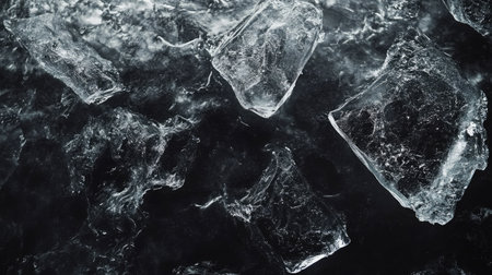 Close-up top view of crystal-clear ice on textured dark background, open spaceの素材