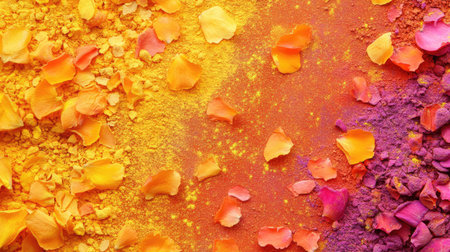 Colorful rangoli powder art with marigold petals, ample blank area for copyの素材