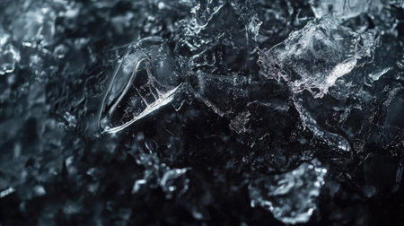 Close-up top view of crystal-clear ice on textured dark background, open spaceの素材