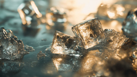 Close-up top view of ice cubes on mirrored surface, reflections, blank areaの素材