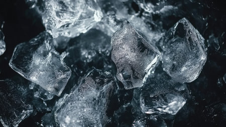 Close-up top view of crystal-clear ice on textured dark background, open spaceの素材