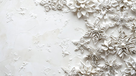 Elegant snowflakes on soft white background, spacious layout with room for copyの素材