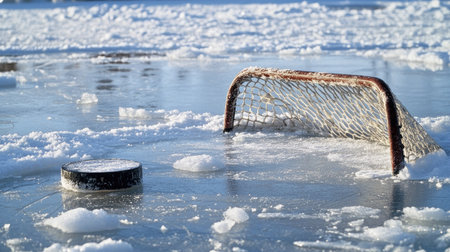 Ice hockey net with puck nearby, wide-angle view with open ice for textの素材