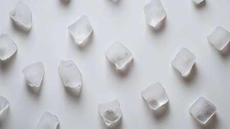 Flat arrangement of smooth ice cubes on white board, open space on sidesの素材