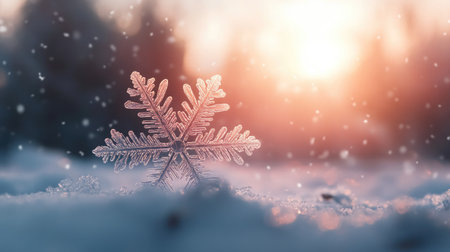 Detailed snowflake against a blurred winter scene, blank space for text aroundの素材
