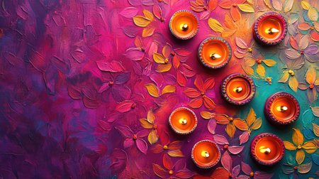 Decorative diyas illuminating a rangoli pattern with vibrant colors, ample copy spaceの素材