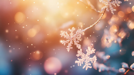 Floating snowflakes on soft winter gradient background, ample copy spaceの素材