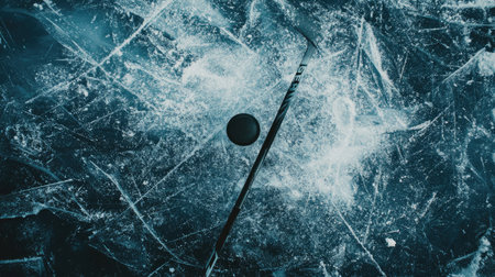 Hockey stick and puck on smooth, frosty ice, top view with room for copyの素材