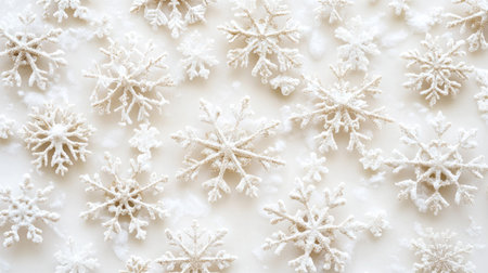 Elegant snowflakes on soft white background, spacious layout with room for copyの素材