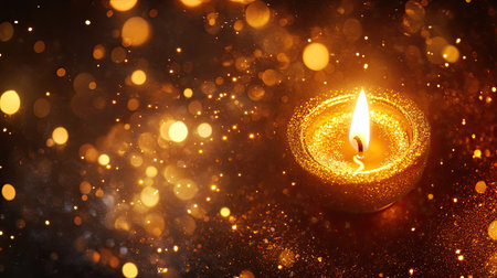 Glowing diya with sparkling background, top view with room for holiday greetingsの素材