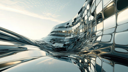 Futuristic, reflective facade in abstract pattern, skyの素材