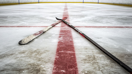 Hockey sticks crossed over the center line of a rink, empty ice with copy spaceの素材