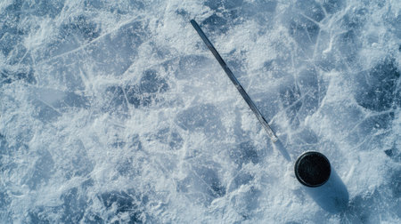 Hockey stick and puck on smooth, frosty ice, top view with room for copyの素材