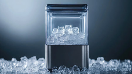 Ice cubes forming inside a compact ice maker, ample copy space on backgroundの素材