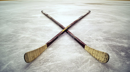 Hockey sticks crossed over the center line of a rink, empty ice with copy spaceの素材